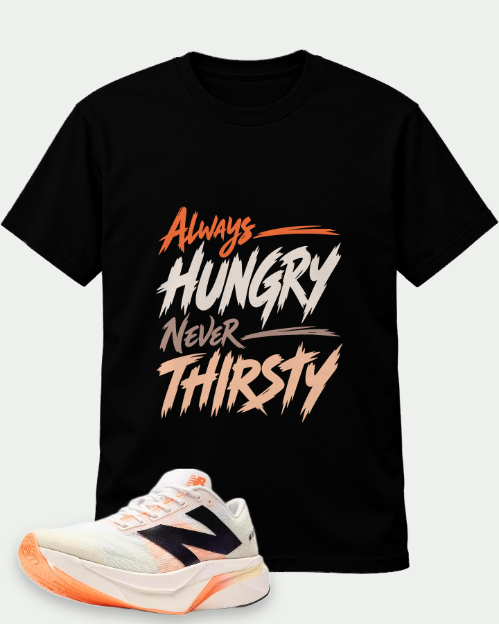 Alway Hungry Never Thirsty on a Black t-shirt — t-shirt :: front · Mockup 1