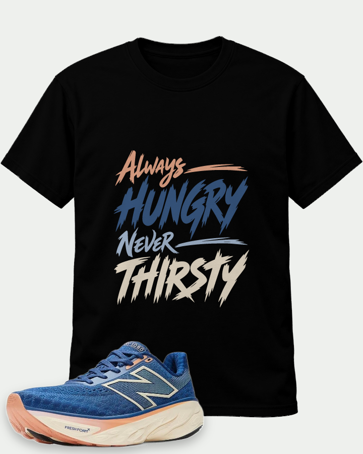 Alway Hungry Never Thirsty on a Black t-shirt — t-shirt :: front · Mockup 1
