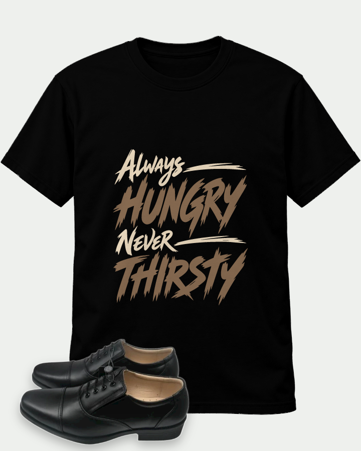 Alway Hungry Never Thirsty on a Black t-shirt — t-shirt :: front · Mockup 1