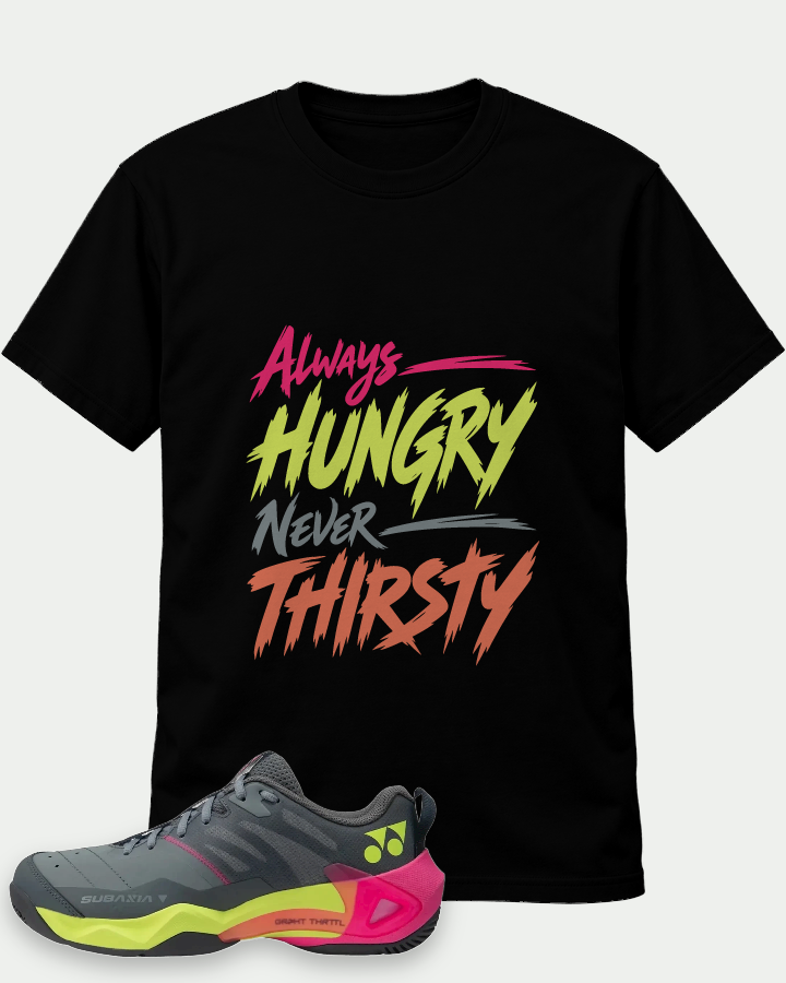 Alway Hungry Never Thirsty on a Black t-shirt — t-shirt :: front · Mockup 1